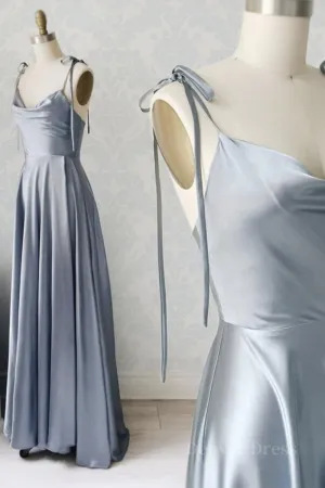 Elegant A Line Gray Satin Long Prom Dresses Gray Formal Graduation Evening Dresses