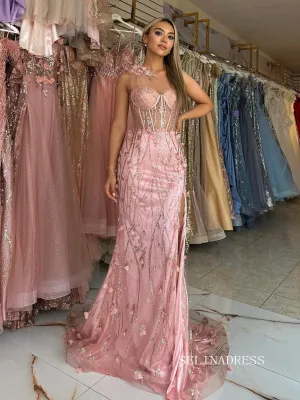 Chic Mermaid One Shoulder Pink Long Prom Dresses Elegant 3D Flower Evening Dress sew03351