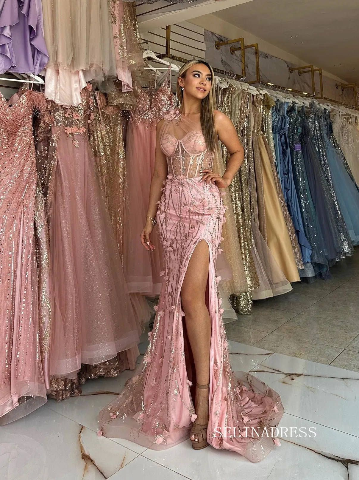 Chic Mermaid One Shoulder Pink Long Prom Dresses Elegant 3D Flower Evening Dress sew03351