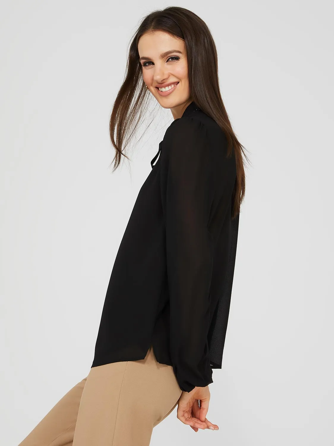 Chiffon Popover Blouse With Pearl Trim Collar