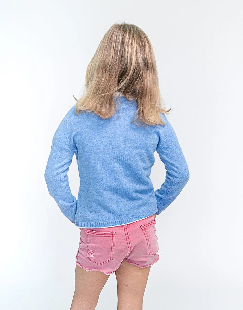 Classic Girls Crew Neck Cashmere Cardigan in Bright Blue