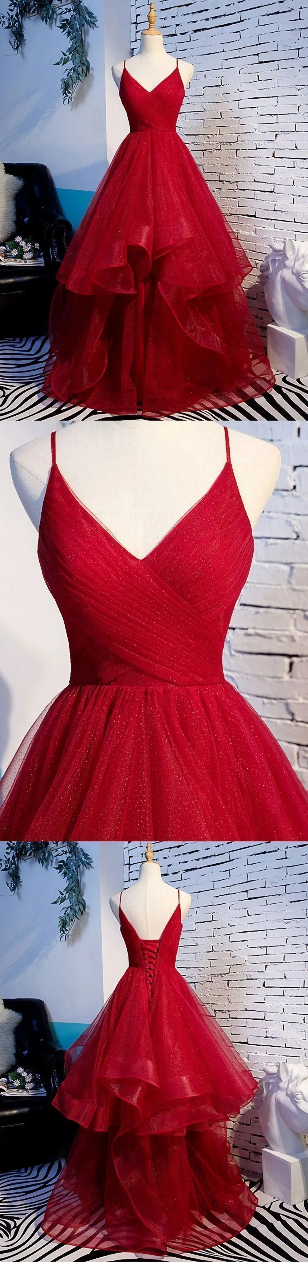 Elegant Tulle Red Straps Prom Dress A Line Prom Dresses Long Evening Dress Burgundy Prom Dress