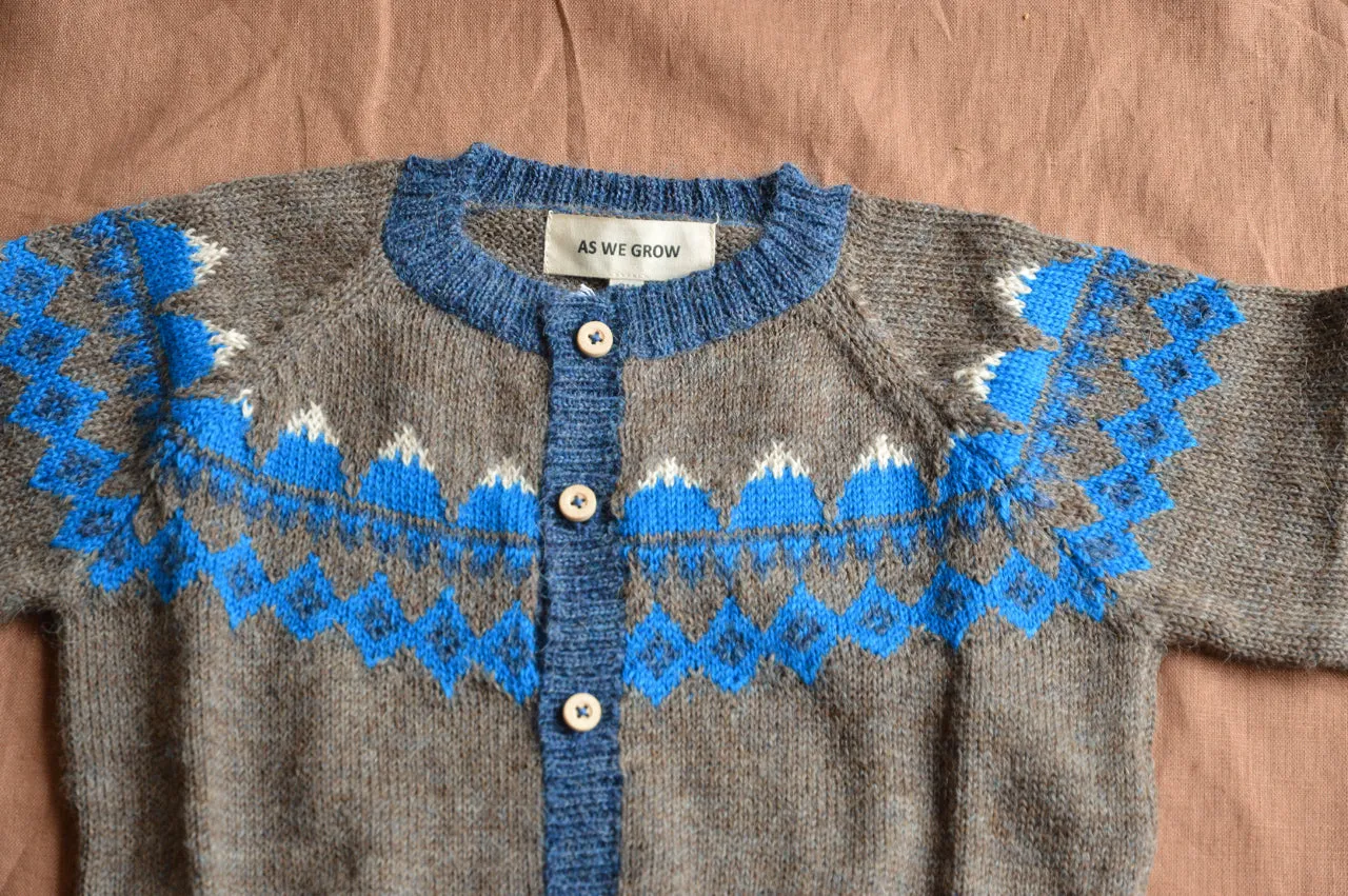 FairIsle Mountain Cardigan - 100% Baby Alpaca - Cedar/Blue (18m-8y)