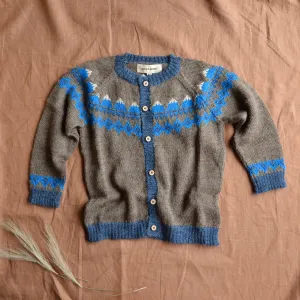 FairIsle Mountain Cardigan - 100% Baby Alpaca - Cedar/Blue (18m-8y)