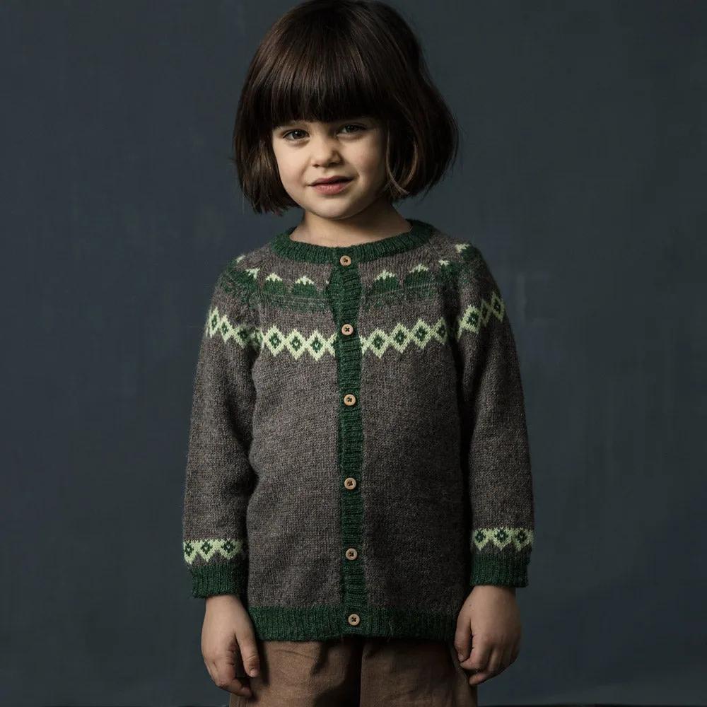 FairIsle Mountain Cardigan - 100% Baby Alpaca - Cedar/Blue (18m-8y)