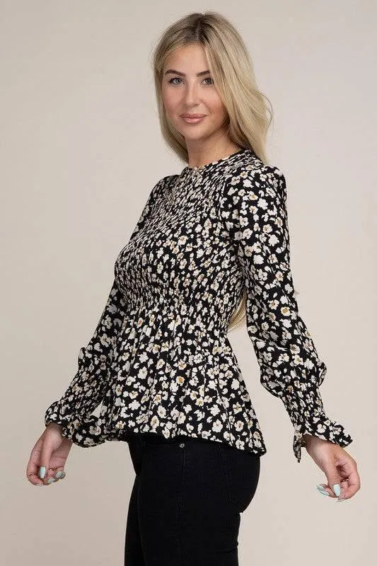 Floral print shirred peplum blouse