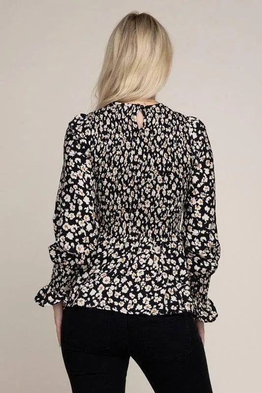 Floral print shirred peplum blouse