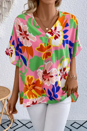 Floral Print V-Neck Short Raglan Sleeve Blouse