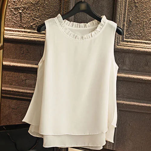 GAREMAY Women Summer Tops Sleeveless Feminine Blouses Loose Ruffle White Shirt Fashion Chiffon Blouse For Women Blusas 001A