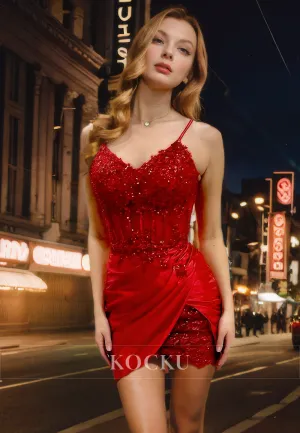 Glamorous & Dramatic Spaghetti Straps V-Neck Sheath Appliques Party Homecoming Dress