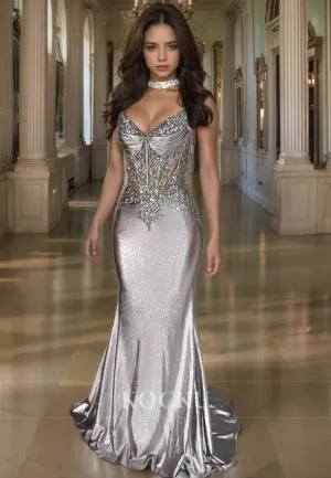 Glamorous & Dramatic V-Neck Rhinestone Mermaid Evening Party Prom Dress