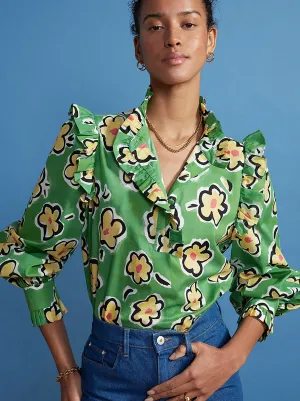 Kyra Green Painted Floral Frilled Cotton Voile Top