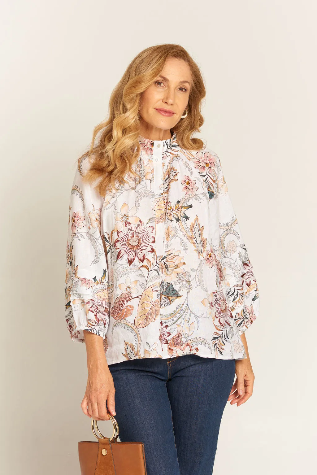 Pleat Sleeve Linen Blouse Western Feather