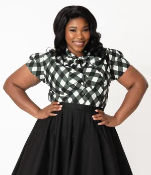 Plus Size Dark Green & White Diamond Plaid Print Bow Blouse