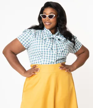 Plus Size Dusty Blue & White Gingham Bow Blouse