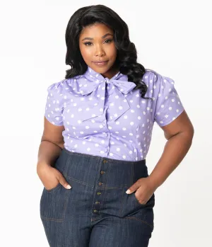 Plus Size Purple & White Polka Dot Print Bow Blouse