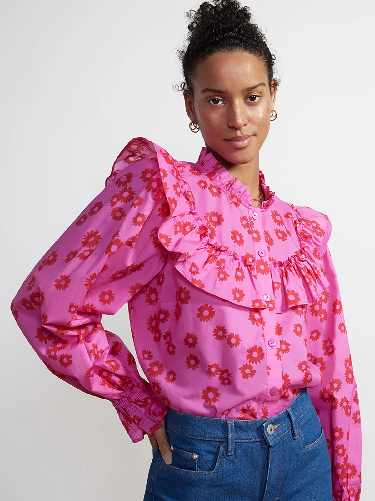 Raya Pink Daisy Print Cotton Voile Top