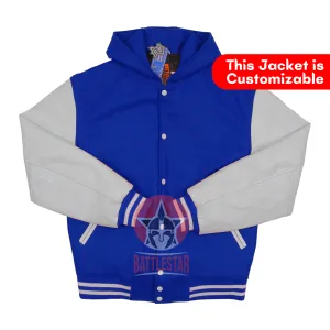 Royal Blue Wool Hood Varsity Jacket white Leather Sleeves