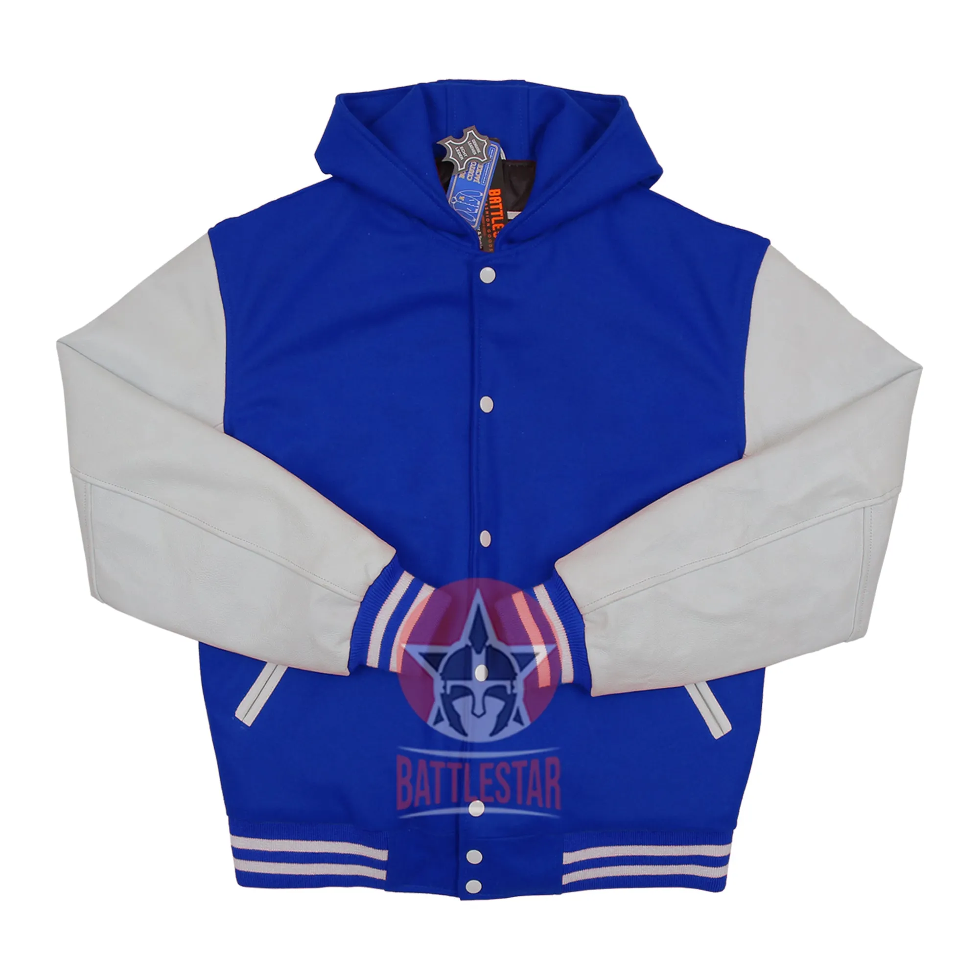 Royal Blue Wool Hood Varsity Jacket white Leather Sleeves