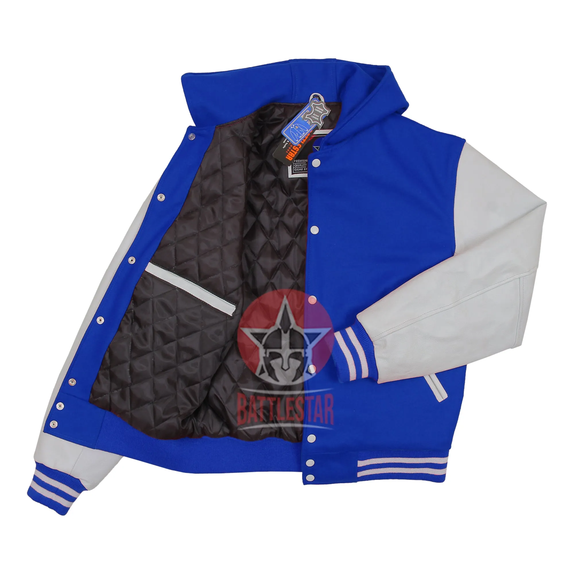 Royal Blue Wool Hood Varsity Jacket white Leather Sleeves