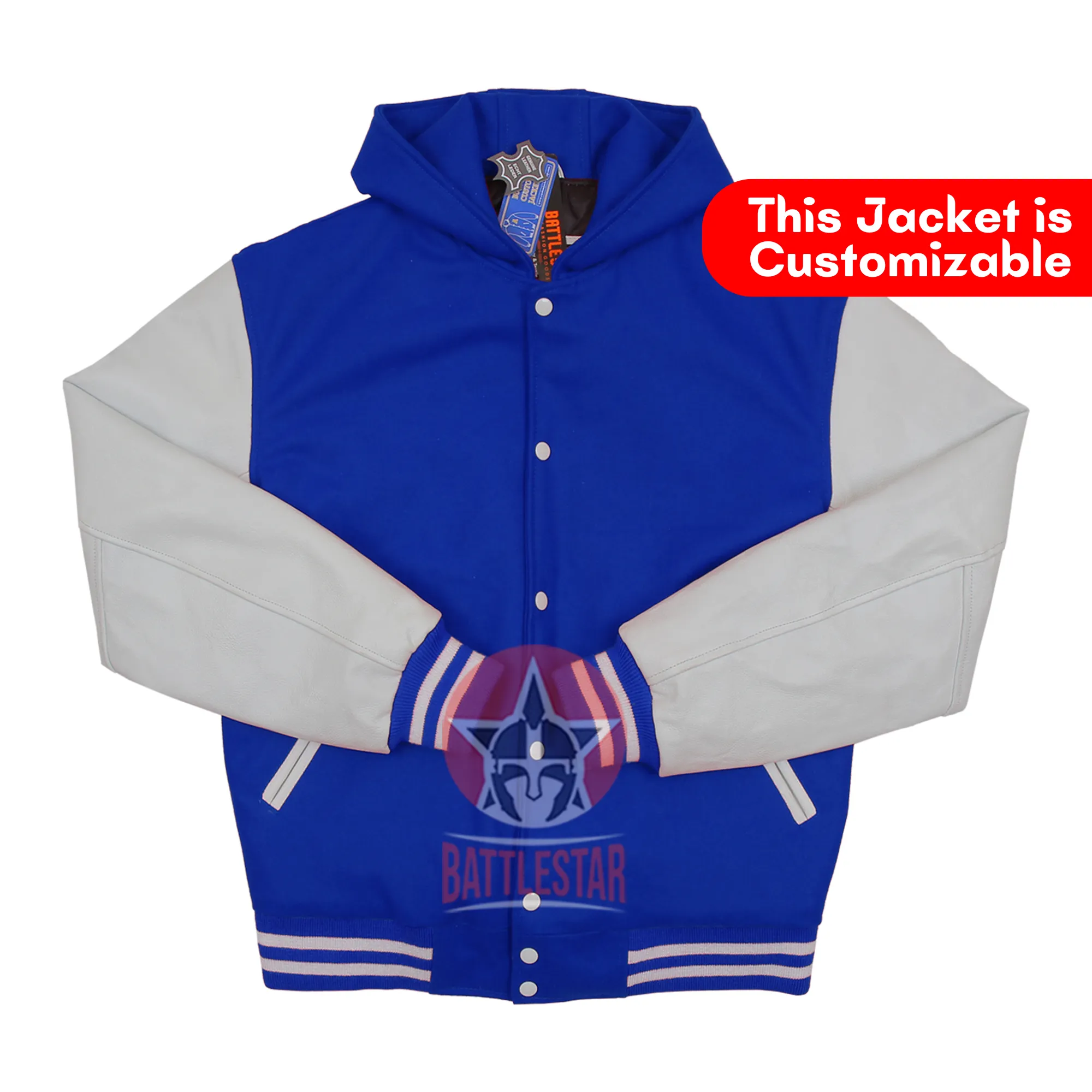 Royal Blue Wool Hood Varsity Jacket white Leather Sleeves