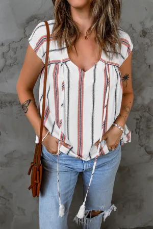 Striped V-Neck Tassel Tie Blouse