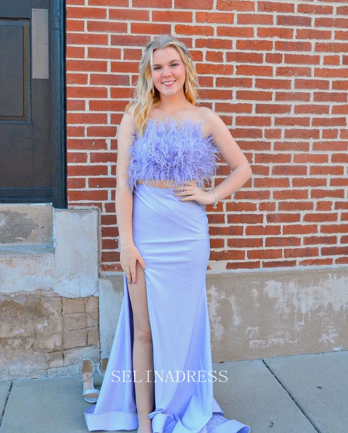 Two Pieces Strapless Elegant Long Prom Dress With Feather Lavender Party Dress #LOP003