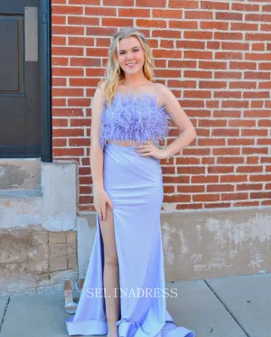 Two Pieces Strapless Elegant Long Prom Dress With Feather Lavender Party Dress #LOP003