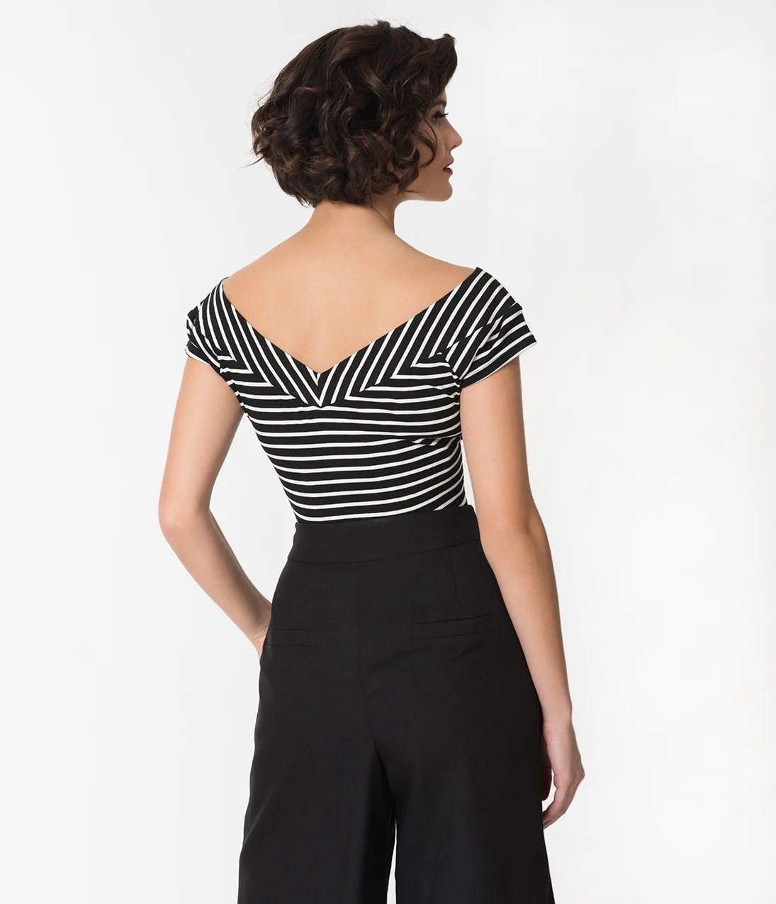 Unique Vintage 1950s Style Black & White Striped Stretch Knit Deena Top