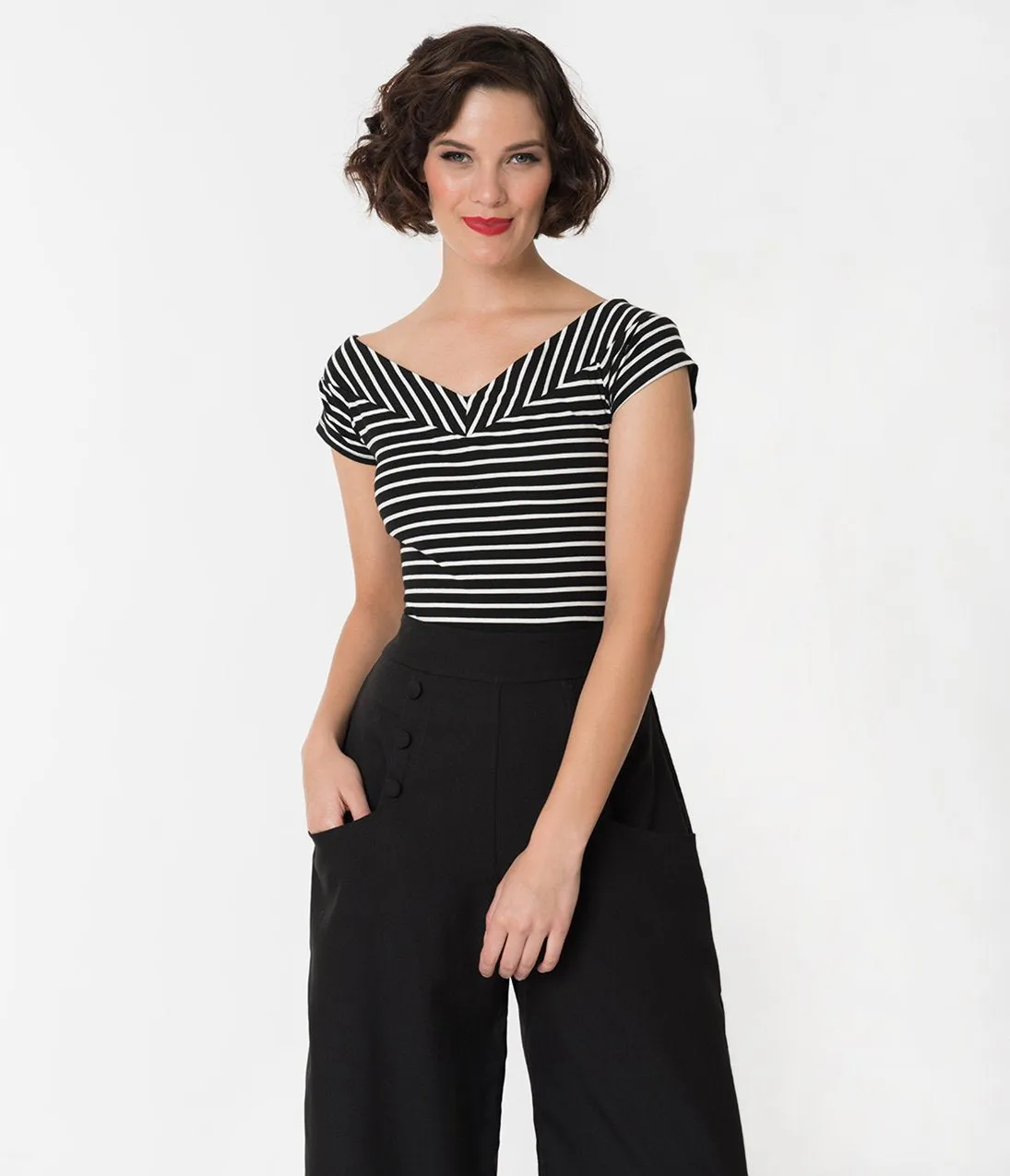 Unique Vintage 1950s Style Black & White Striped Stretch Knit Deena Top