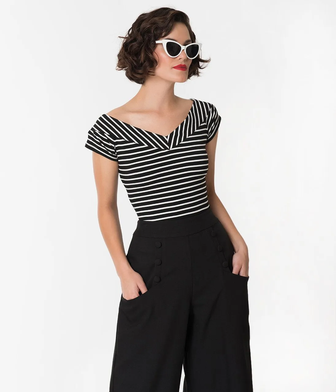 Unique Vintage 1950s Style Black & White Striped Stretch Knit Deena Top