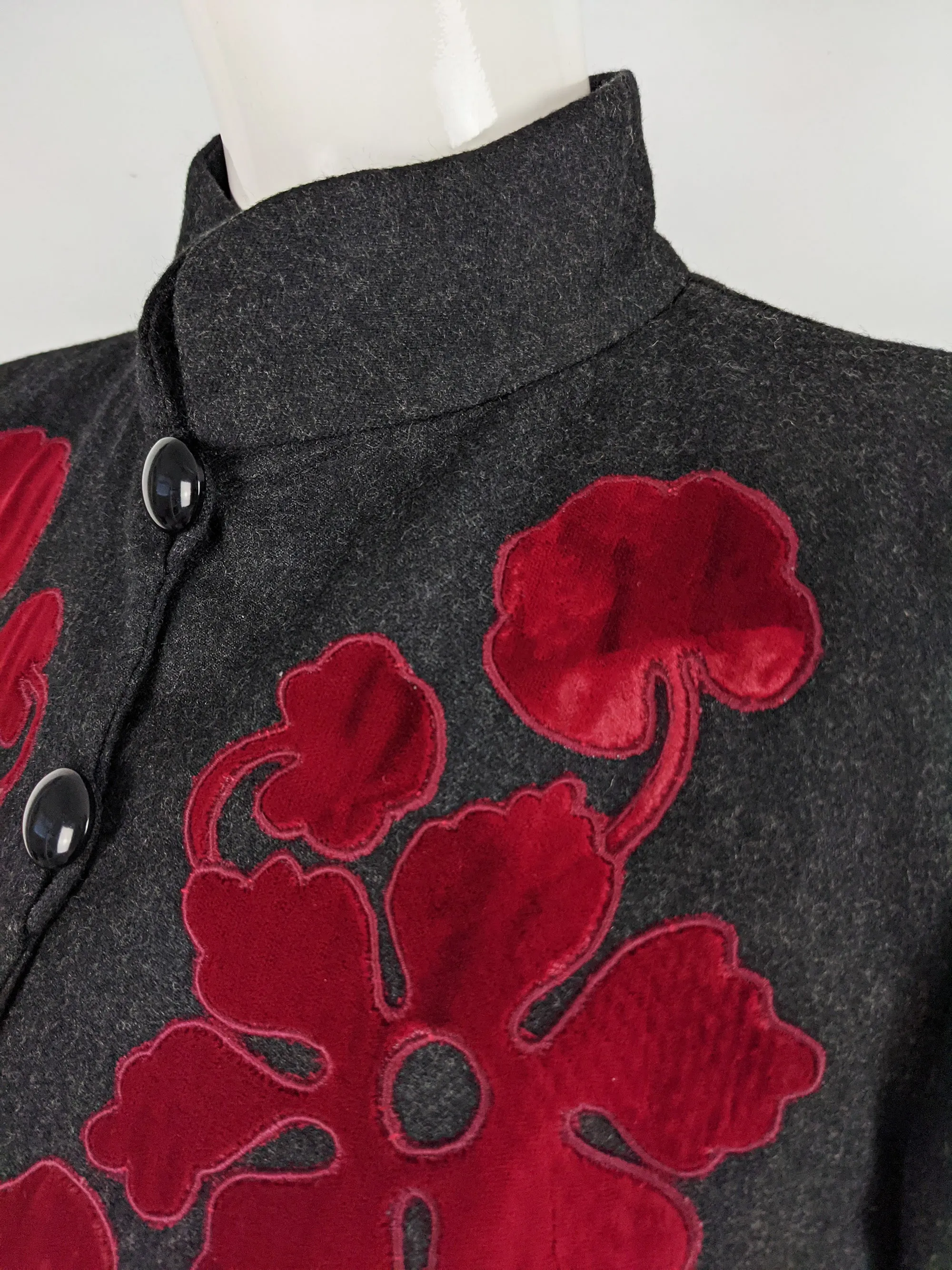 Vintage Structured Grey Wool & Red Velvet Appliqué Jacket, 1980s