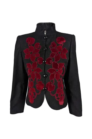 Vintage Structured Grey Wool & Red Velvet Appliqué Jacket, 1980s