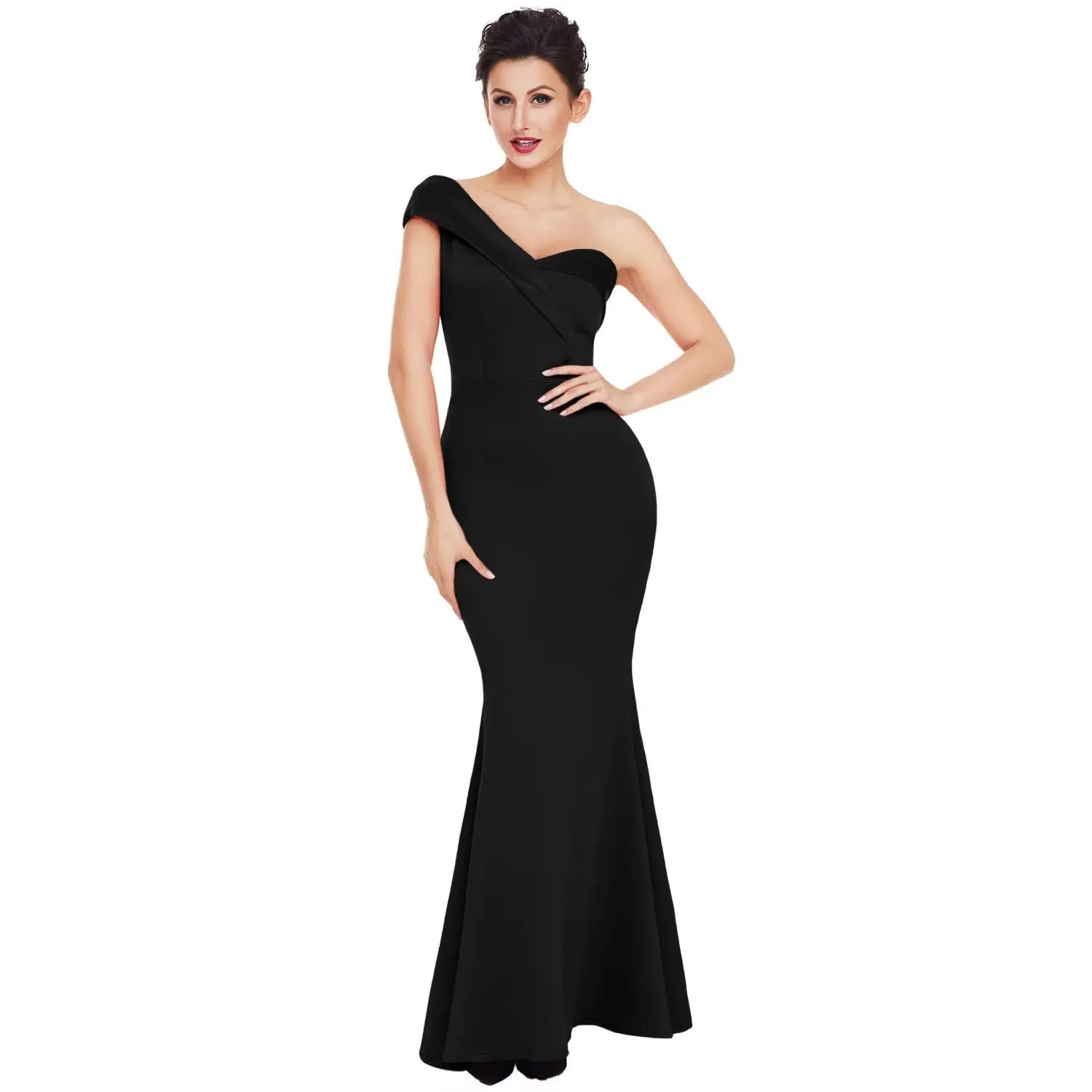 Women Clothing Sloping Shoulder Backless Solid Color Evening Dress