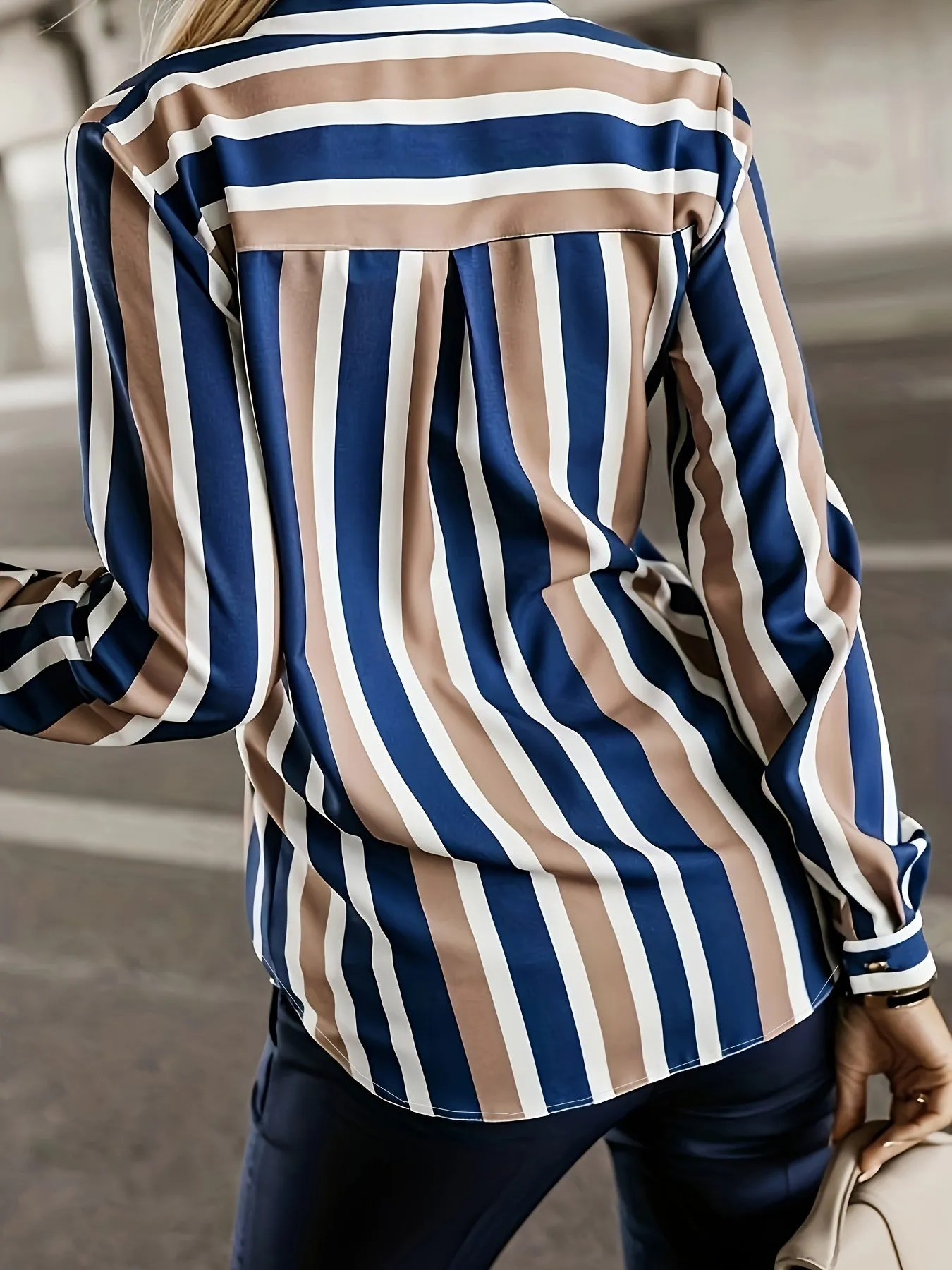 Womens Plus Size Striped Blouse with Lapel Collar